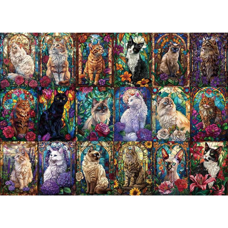 BUHAH Stained Glass Cat Puzzles for Adults 1000 count Colorful Flower Art Jigsaw Puzzles Animal Collage Plant Floral for Decoration