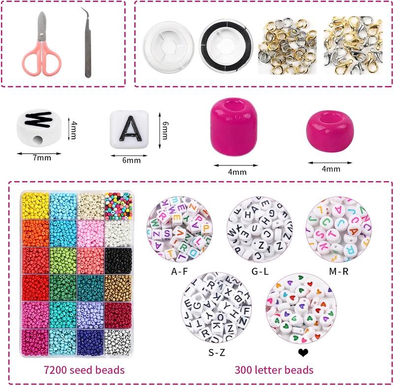 7200 count Seed Beads for Friendship Bracelet Kit, 4mm Glass Bracelet Beads Kit and 300 count Letter Beads for  Making, Necklaces, Craft Gifts