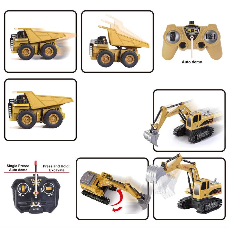 Remote Control Engineering Vehicle Toy, 1 Set Rechargeable Friction Drive Alloy Dump Truck & Remote Control Excavator, Birthday Gift