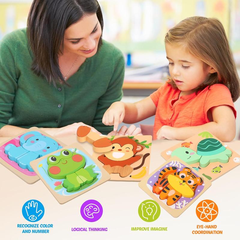 Wooden Puzzles for Toddlers 2-4, 6 Pack Animal Shape Puzzle Montessori Toys for 1 2 3 Year Old, Educational Learning Toys for Girls Boys