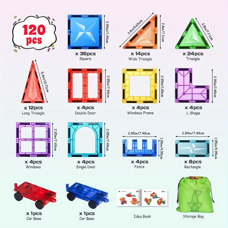 80 102 120PCS Deluxe Magnetic Tiles With 2 Cars Toy Set, 3D Diamond Magnet Tiles Building Blocks, Toys For 3 - 8 Years, STEM Preschool Kids Sensory Educational Toys Gift For Boys Girls