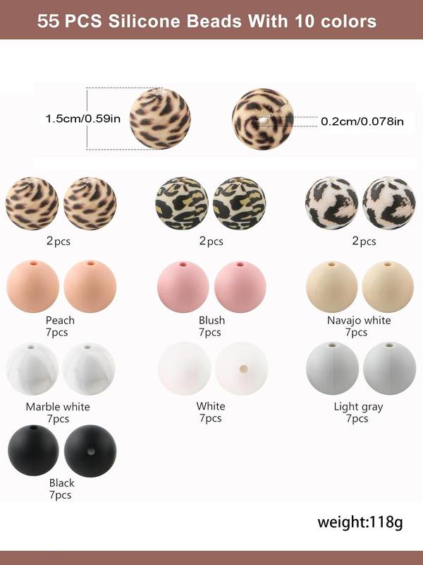 15mm Leopard Pattern Silicone Bead (55pcs set), Colorful Bead for Diy Jewelry Making, Diy Jewelry Making Supplies for Bracelet & Necklace