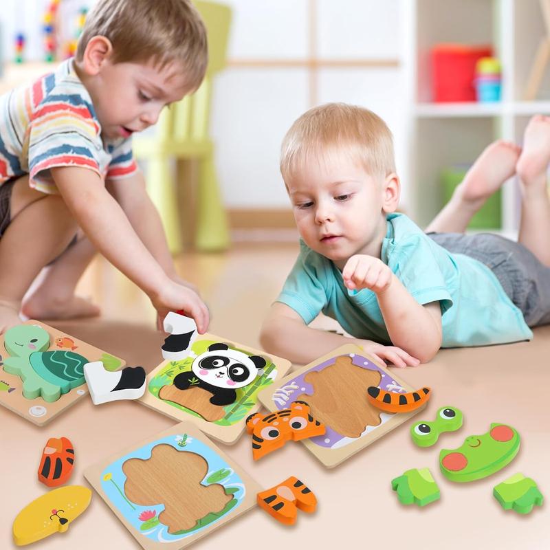 Wooden Puzzles for Toddlers 2-4, 6 Pack Animal Shape Puzzle Montessori Toys for 1 2 3 Year Old, Educational Learning Toys for Girls Boys