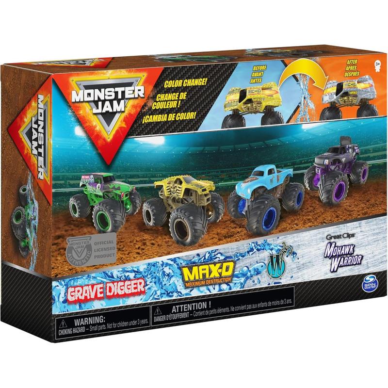 Monster Jam, Official Reveal The Steel 4-Pack of Color-Changing Die-Cast Monster Trucks, 1:64 Scale