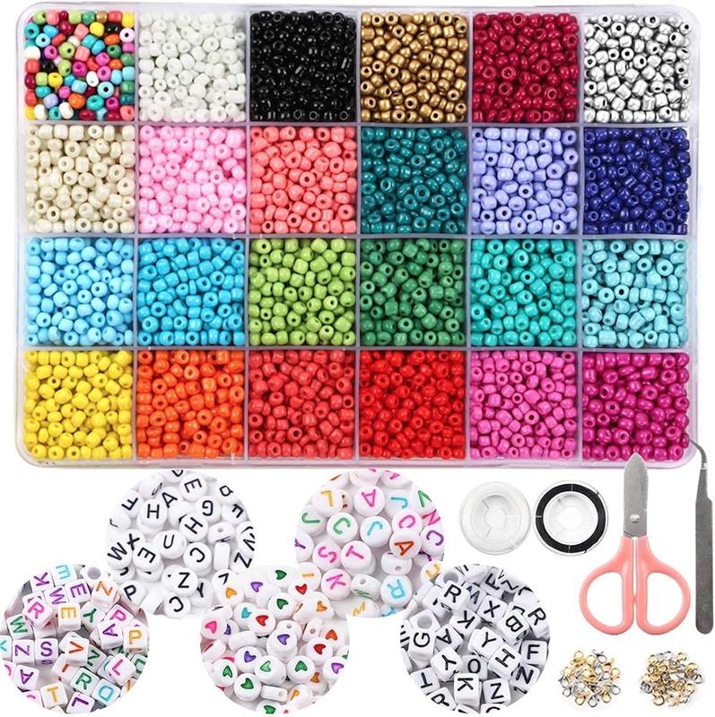 7200 count Seed Beads for Friendship Bracelet Kit, 4mm Glass Bracelet Beads Kit and 300 count Letter Beads for  Making, Necklaces, Craft Gifts