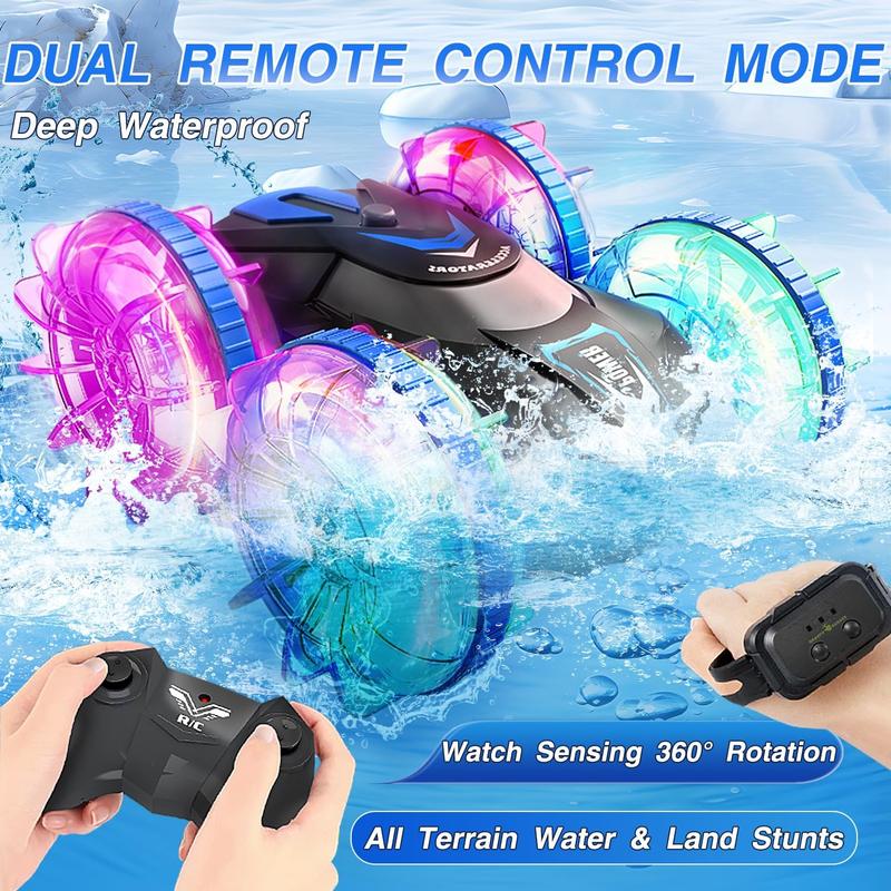 Dual Remote Control Amphibious Toy Car, 2.4g Four-wheel Off-road Vehicle with Music & Light, 360° Rotating Stunt Car, Mother's Day Gift (remote Control Requires Self-purchased 2 AA Batteries, Watch Remote Control Requires 2 AAA Batteries Self-purchased)