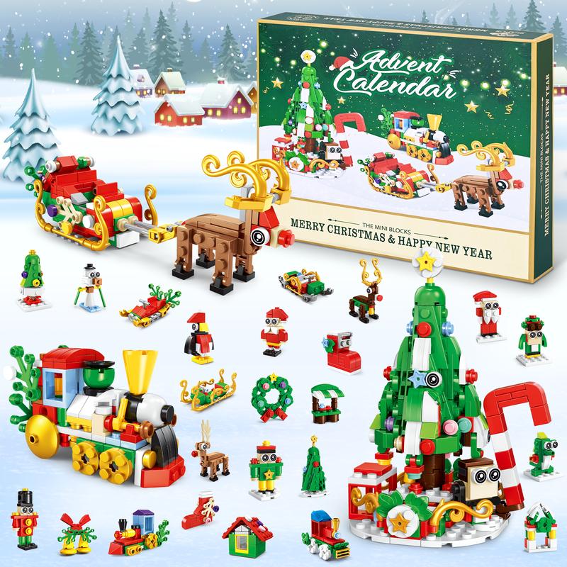 Advent Calendar 2024 , 604 PCS Christmas Building Blocks Set 24 Days Daily Surprise Countdown Gift Box Christmas Tree Train Reindeer Block Xmas Gift for Teen Boys Girls Advent Calendars