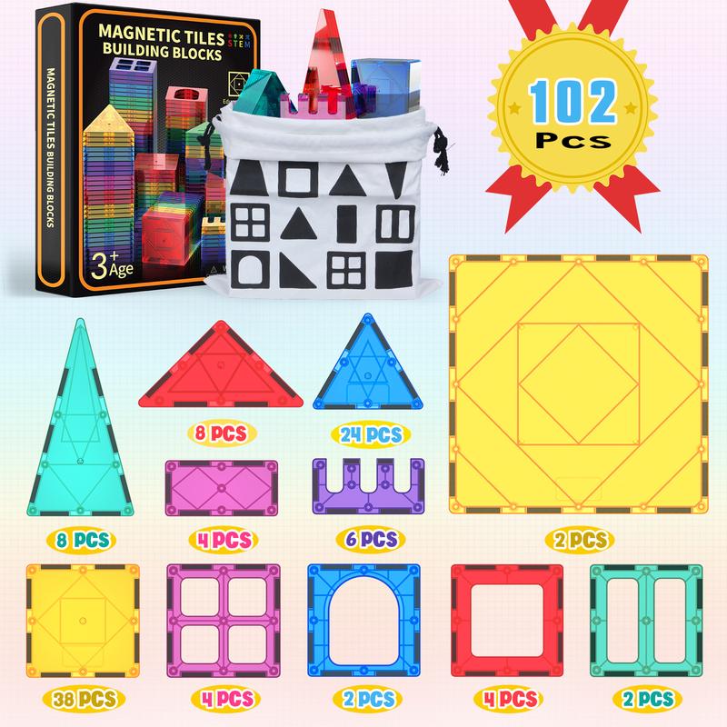 80 102 120PCS Deluxe Magnetic Tiles With 2 Cars Toy Set, 3D Diamond Magnet Tiles Building Blocks, Toys For 3 - 8 Years, STEM Preschool Kids Sensory Educational Toys Gift For Boys Girls