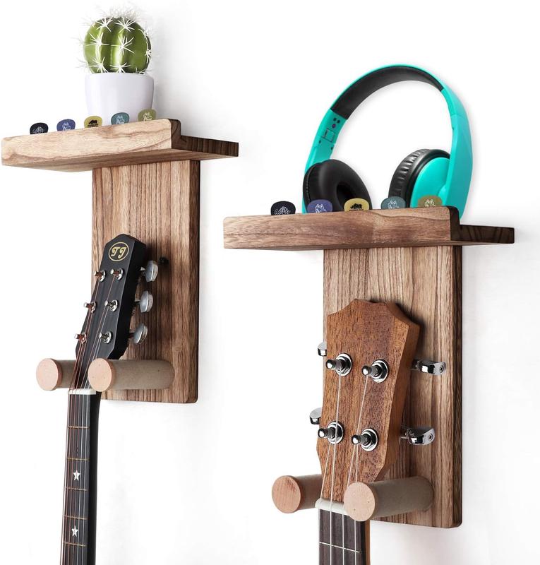 Guitar Wall Mount,2 Pack Guitar Wall Hangers Holder Guitar Hangers Shelf with Pick Holder Wood Guitar Rack for Acoustic or Electric Guitar,Ukulele,Bass,Mandolin Brown,[Patented]