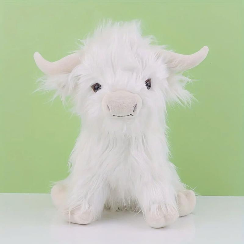 30cm Simulation Kyloe Cream Highland Cow Animal Plush Doll Soft Stuffed Highland Cow Cattlle Plushie Gift for Kids Boys Girls