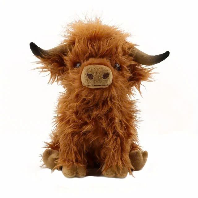 30cm Simulation Kyloe Cream Highland Cow Animal Plush Doll Soft Stuffed Highland Cow Cattlle Plushie Gift for Kids Boys Girls