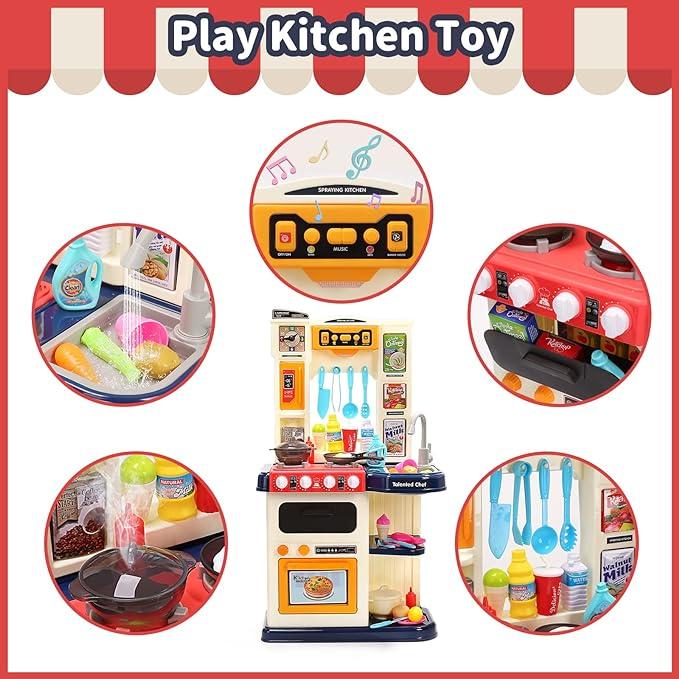 CUTE STONE Kitchen Playset with Real Sounds & Lights, Pretend Play Food Toys, Play Sink, Cooking Stove with Steam, Gift