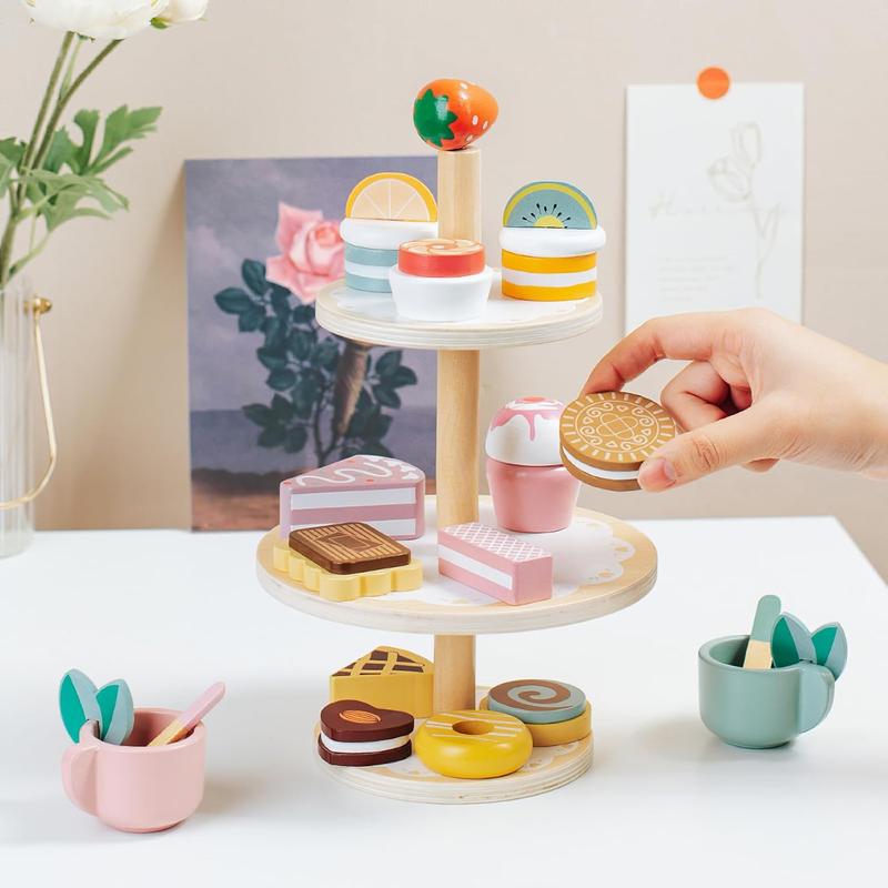 Wooden Play Food Set Toys, Pretend Play Kids Party Set for Little Girls Toddlers, Montessori Wooden Play Kitchen Accessories Sets for Kids