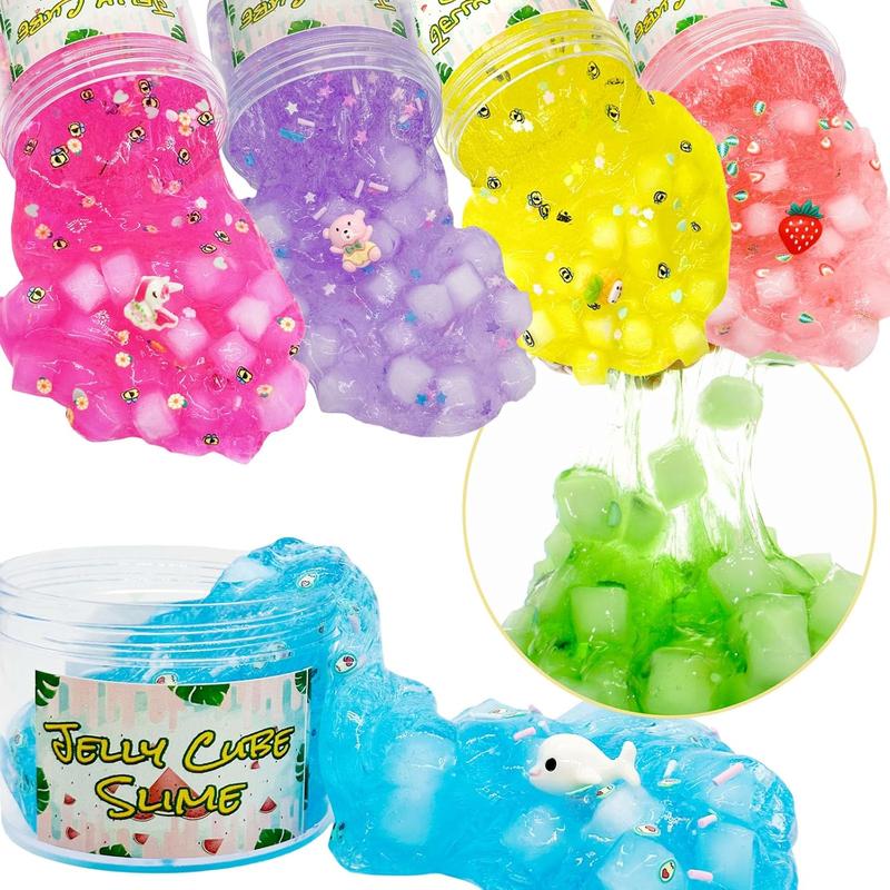 6 Pack Jelly Cube Crunchy Slime Kit, Clear Crunchy Slime, Super Soft Sludge Toy with Cute Charms, Party Favors for Girls and Boys