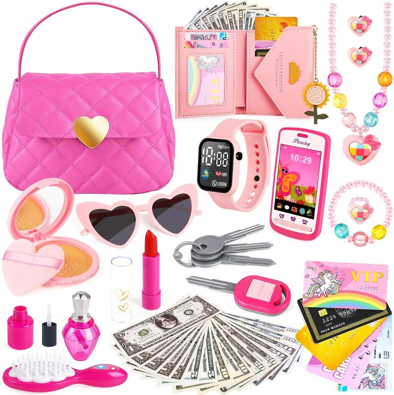 Kids Play Purse for Little Girls Toddlers Fake Makeup Toys & Play Jewelry, Fake Phone, Fake Makeup Toys & Play Jewelry, Toddler Pretend Play Toys for Girls