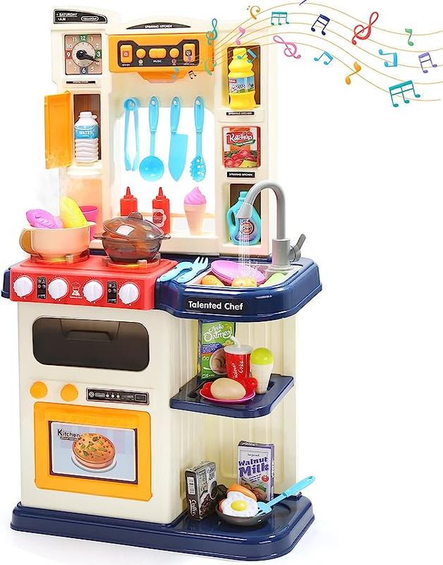 CUTE STONE Kitchen Playset with Real Sounds & Lights, Pretend Play Food Toys, Play Sink, Cooking Stove with Steam, Gift