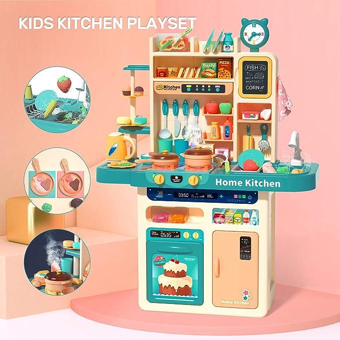 CUTE STONE 93PCS  Kitchen Playset,Play Kitchen Toy with Realistic Lights & Sounds,Pretend Steam,Play Sink & Oven,Color Changing Play Food,Menu Board