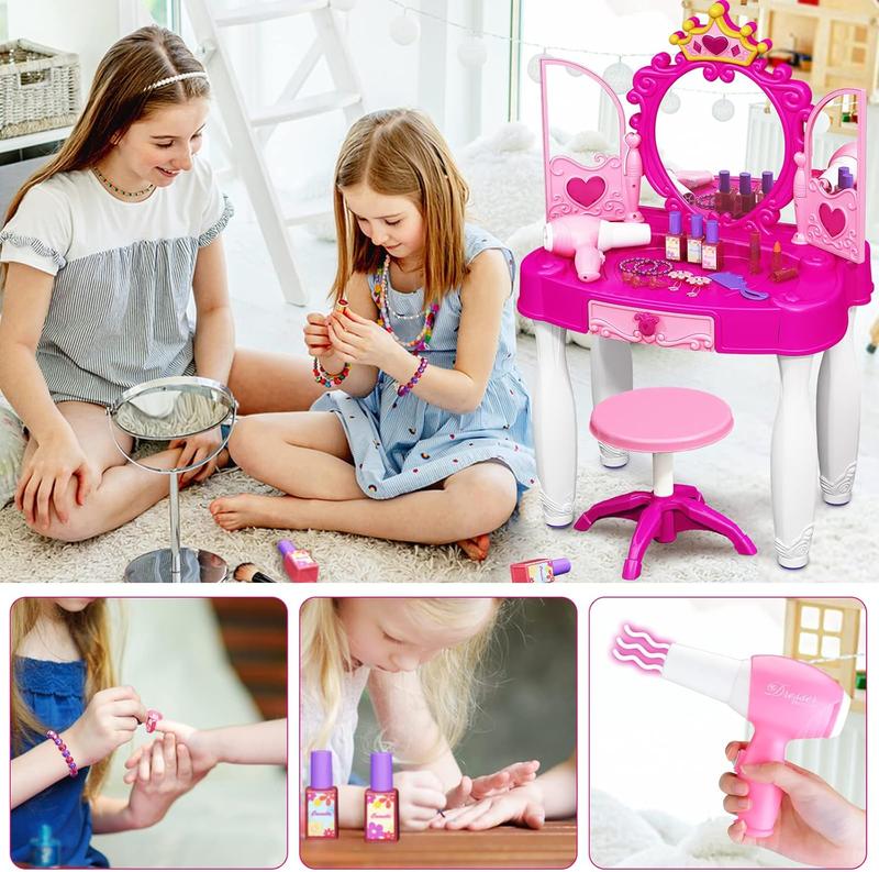 Christmas Gifts New Year Toddler Makeup Table with Mirror and Chair, Kids Makeup Vanity Set with Accessories and Lights and Music Sound for Girls