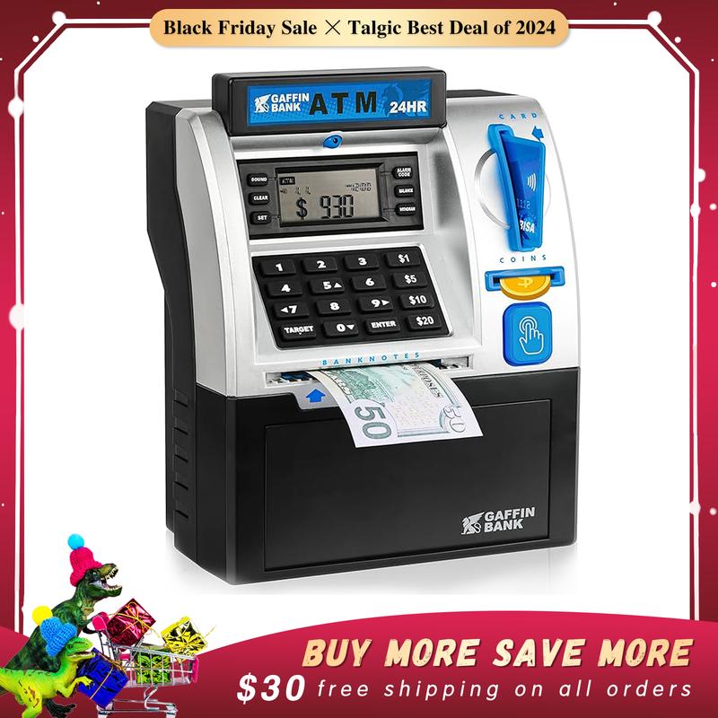 Talgic Kids Piggy Bank ATM Toy, a fun, interactive way to teach kids about money savings. With a realistic ATM keypad, password security, and the ability to save both coins and bills, it’s perfect for birthdays, holidays, TALGICKEV