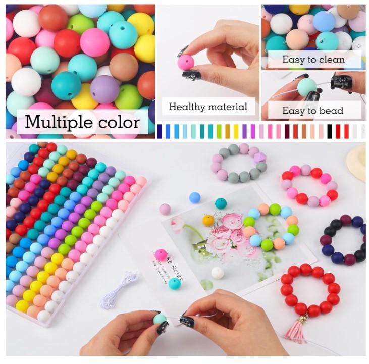 160PCS Silicone Beads,25 Colors 15mm Silicone Beads Bulk for Keychain Making Silicone Rubber Focal Beads for Pens Keychain Beadable Pen Beads for Necklace Jewelry Bracelets DIY Crafts Making