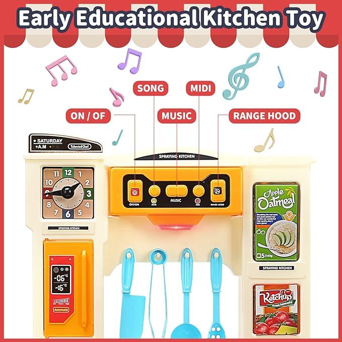 CUTE STONE Kitchen Playset with Real Sounds & Lights, Pretend Play Food Toys, Play Sink, Cooking Stove with Steam, Gift