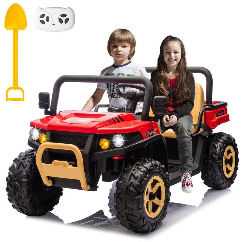 POSTACK 24V 2 Seats Side by Side Ride On Dump Truck 4x4 Kids UTV for Toddlers Ride On Toy Car with Remote Control Electric Car with Rubber-Plastic Polymerized EVA Tire, Electric Dump Bed, Music, Red