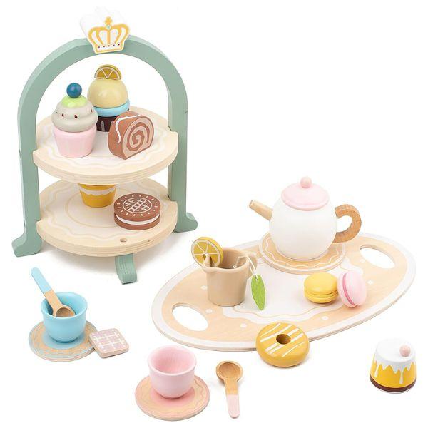 Wooden Play Food Set Toys, Pretend Play Kids Party Set for Little Girls Toddlers, Montessori Wooden Play Kitchen Accessories Sets for Kids