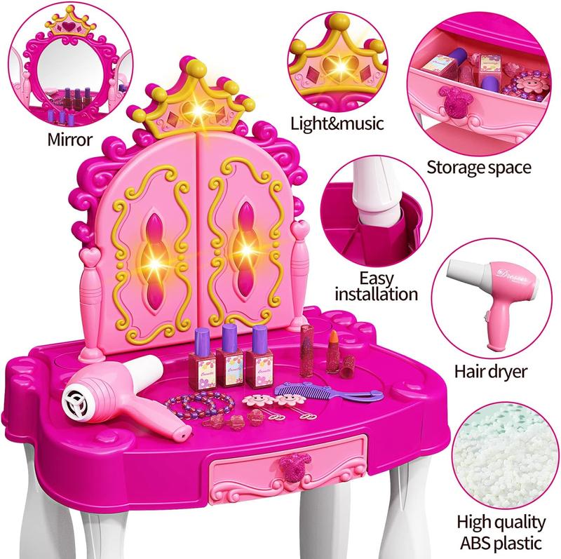 Christmas Gifts New Year Toddler Makeup Table with Mirror and Chair, Kids Makeup Vanity Set with Accessories and Lights and Music Sound for Girls