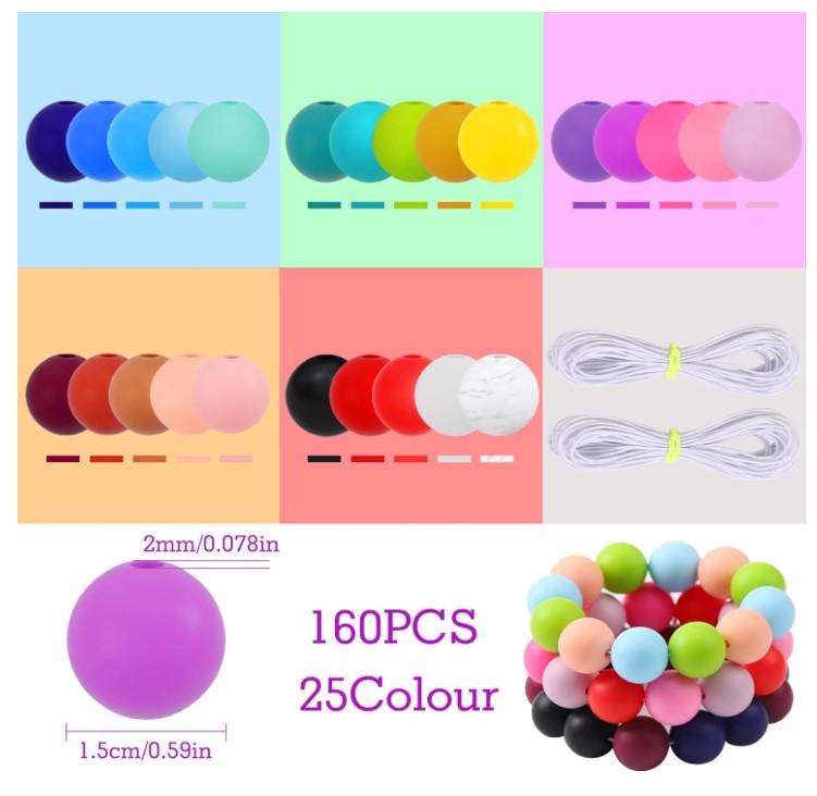 160PCS Silicone Beads,25 Colors 15mm Silicone Beads Bulk for Keychain Making Silicone Rubber Focal Beads for Pens Keychain Beadable Pen Beads for Necklace Jewelry Bracelets DIY Crafts Making