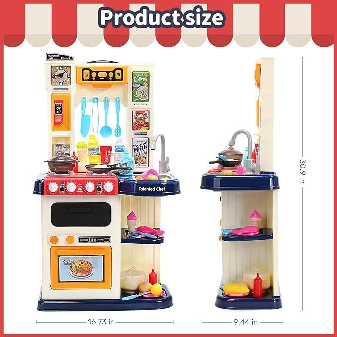 CUTE STONE Kitchen Playset with Real Sounds & Lights, Pretend Play Food Toys, Play Sink, Cooking Stove with Steam, Gift