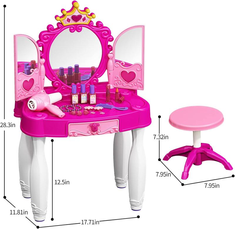 Christmas Gifts New Year Toddler Makeup Table with Mirror and Chair, Kids Makeup Vanity Set with Accessories and Lights and Music Sound for Girls