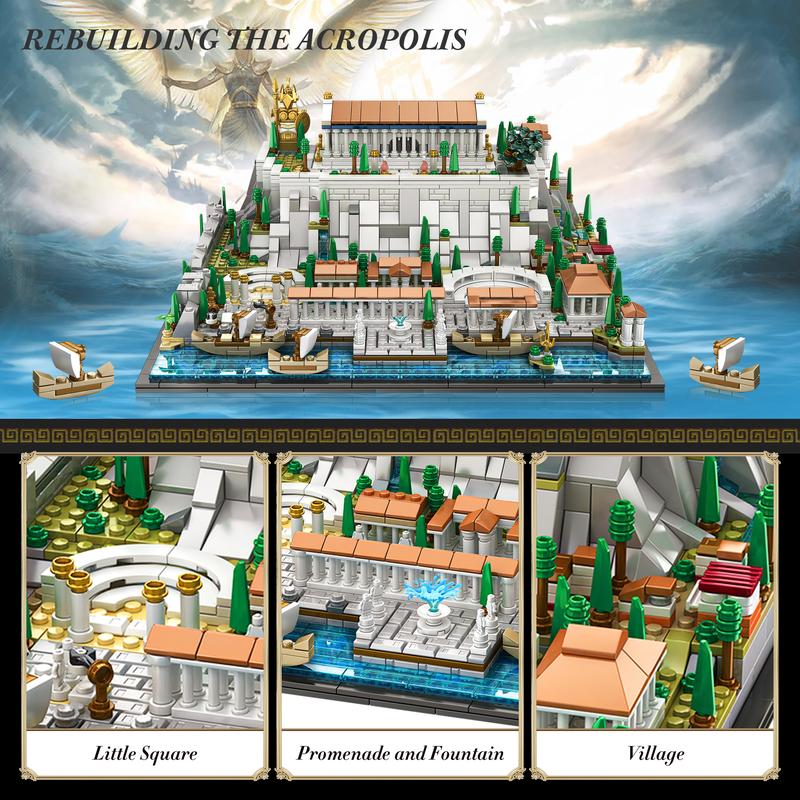 66034,1988 Pieces,Architecture Acropolis of Athens Building Block Set,Landmark City Building Kit,Including Athena,trident,olive tree,plaza,fountain and other scence,Historic Collecting Building,Birthday Gift,For aged 12 and above,Stress relief toy