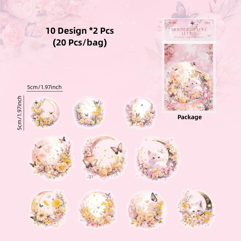 Moon Cat Theme Hand-painted Style Glitter Sticker, 20pcs Vintage Floral Pattern Waterproof Multi-purpose Decorative Sticker, Summer Gift, DIY Collage Creative Material Stationery