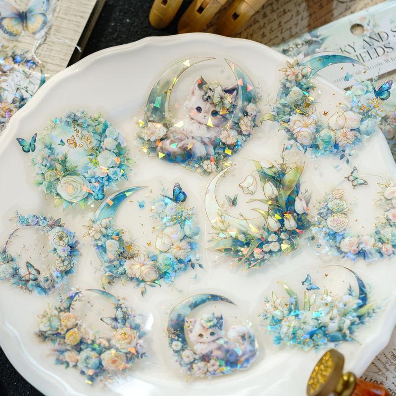 Moon Cat Theme Hand-painted Style Glitter Sticker, 20pcs Vintage Floral Pattern Waterproof Multi-purpose Decorative Sticker, Summer Gift, DIY Collage Creative Material Stationery