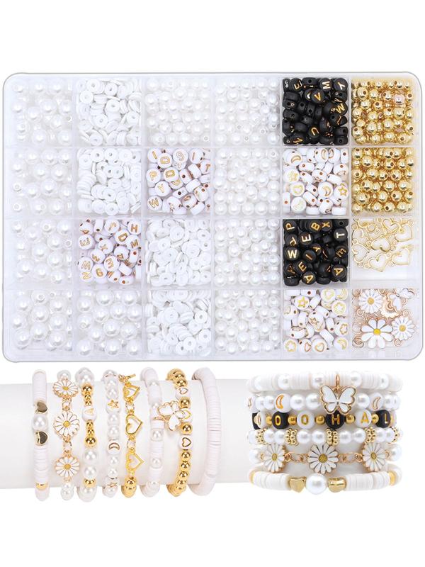 Mixed Design Beaded Kit, Faux Pearl & Letter Design Beads & Daisy Charm & Elastic String, DIY Jewelry Making Supplies for Bracelet Necklace Earrings, Fashion Accessories for Women & Girls