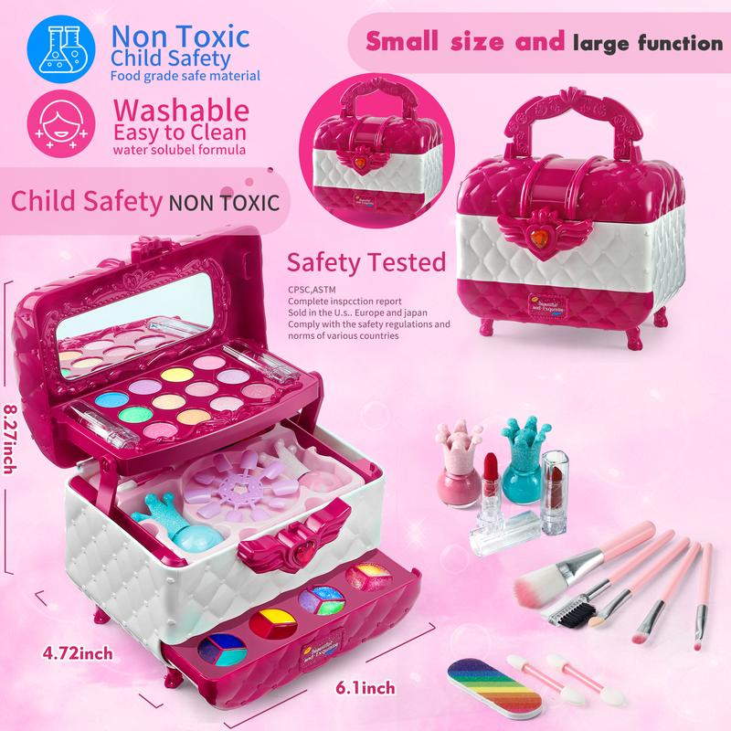 Kids Makeup Kit for Girl, Princess Toys Real Washable Cosmetic Set with Mirror, Kids Makeup Sets for Girls, Play Make Up Birthday Gifts