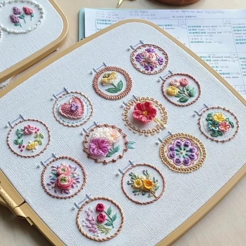 Small Flower Frame Embroidery Kit, 1 Set 12 Different Stitches DIY Hand Floral Embroidery Starter Kit, 3D Flower Embroidery Kit, Embroidery Material Packaging