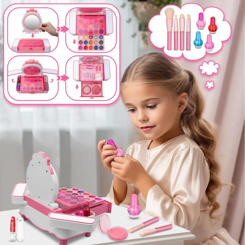 Kids Makeup Kit for Girl, Real Makeup Toys with Make Up Vanity Set, Girls Makeup Beauty Set Toy for Dress Up