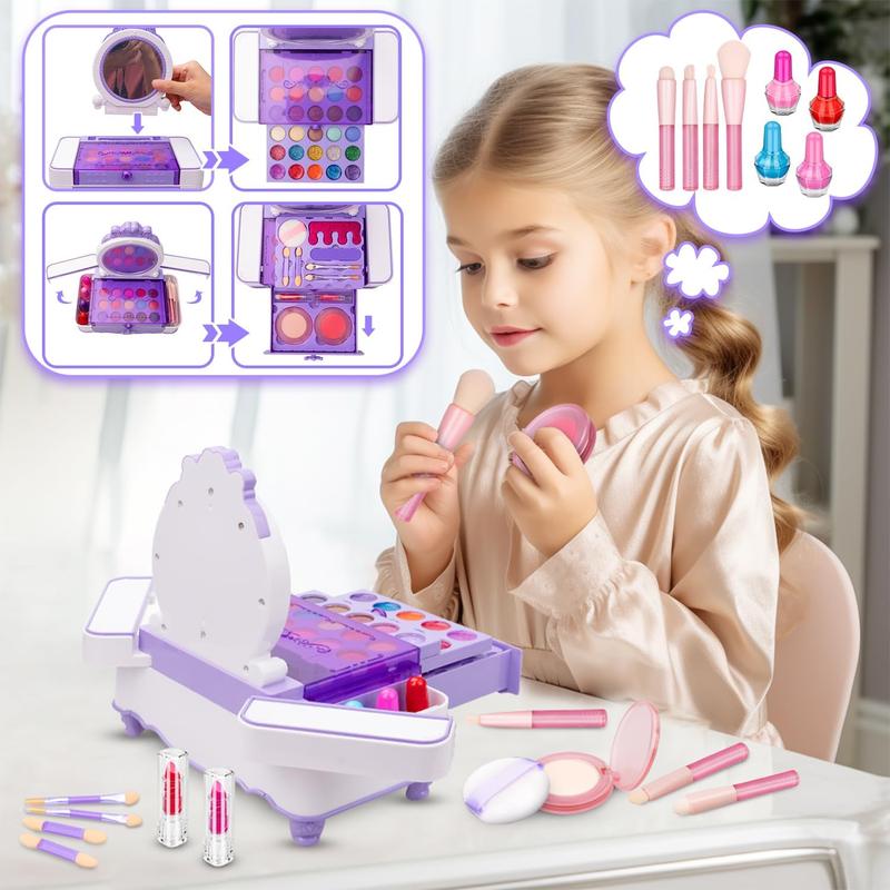 Kids Makeup Kit for Girl, Real Makeup Toys with Make Up Vanity Set, Girls Makeup Beauty Set Toy for Dress Up