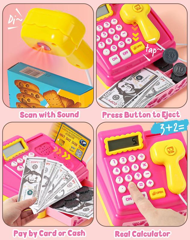 Cash Register Ice Cream Shop Pretend Play Sets For Girls&Boys, with Scanner Calculator Learning Educational montessori Toy, Birthday Thanksgiving Christmas Gift