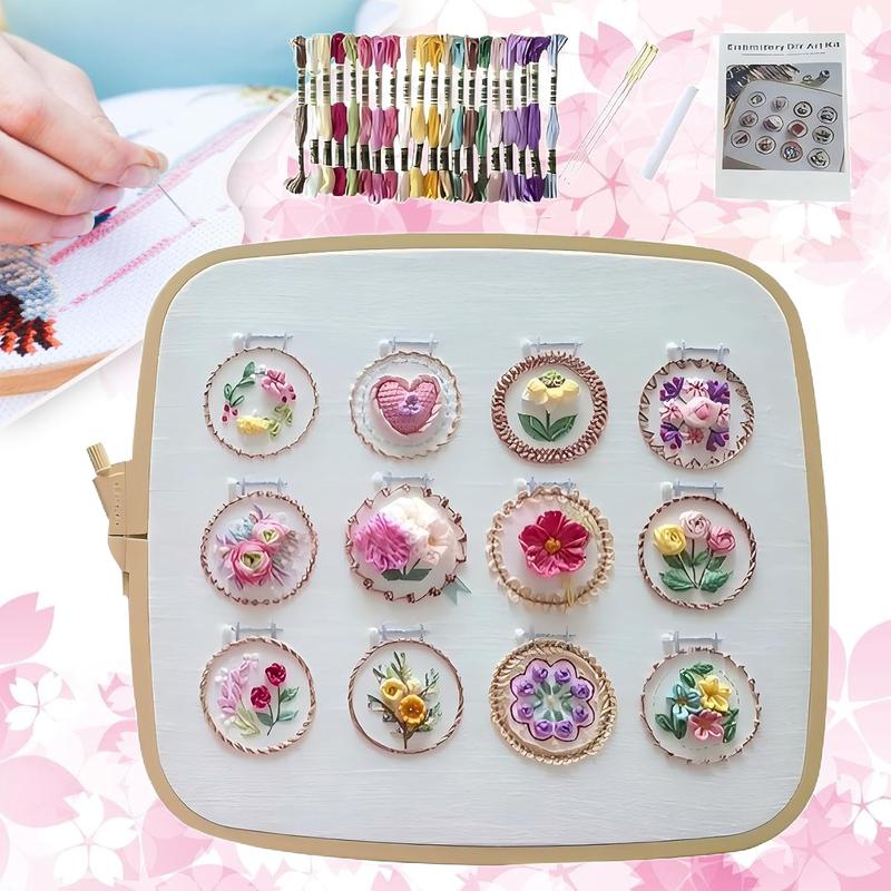 Small Flower Frame Embroidery Kit, 1 Set 12 Different Stitches DIY Hand Floral Embroidery Starter Kit, 3D Flower Embroidery Kit, Embroidery Material Packaging