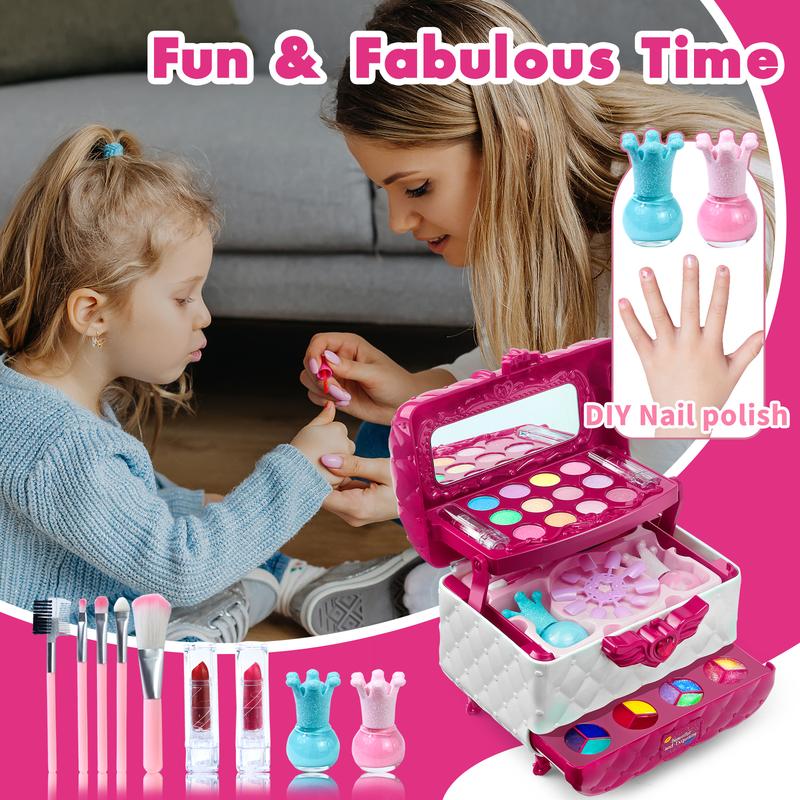 Kids Makeup Kit for Girl, Princess Toys Real Washable Cosmetic Set with Mirror, Kids Makeup Sets for Girls, Play Make Up Birthday Gifts