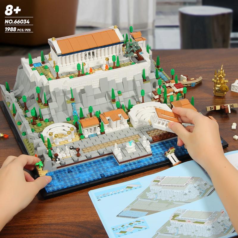 66034,1988 Pieces,Architecture Acropolis of Athens Building Block Set,Landmark City Building Kit,Including Athena,trident,olive tree,plaza,fountain and other scence,Historic Collecting Building,Birthday Gift,For aged 12 and above,Stress relief toy