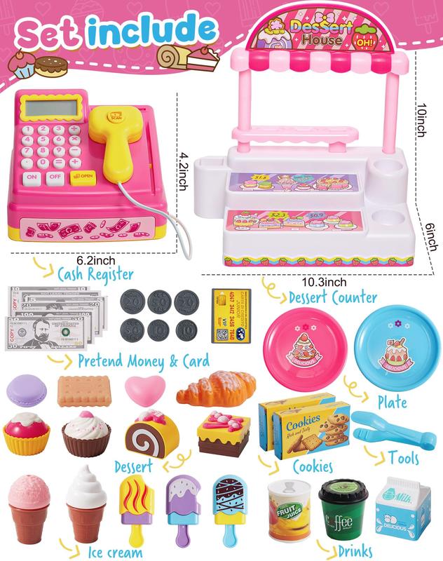 Cash Register Ice Cream Shop Pretend Play Sets For Girls&Boys, with Scanner Calculator Learning Educational montessori Toy, Birthday Thanksgiving Christmas Gift