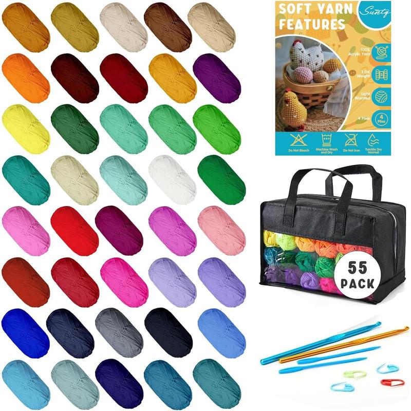 55 count Crochet Yarn Kit, 1600 Yards 40 Colors  Yarn Skeins, 2 Crochet Hooks, 2 Weaving , 10 Stitch Markers, 1 Bag, Bulk Yarn for Crocheting & Knitting, Gift for Beginners