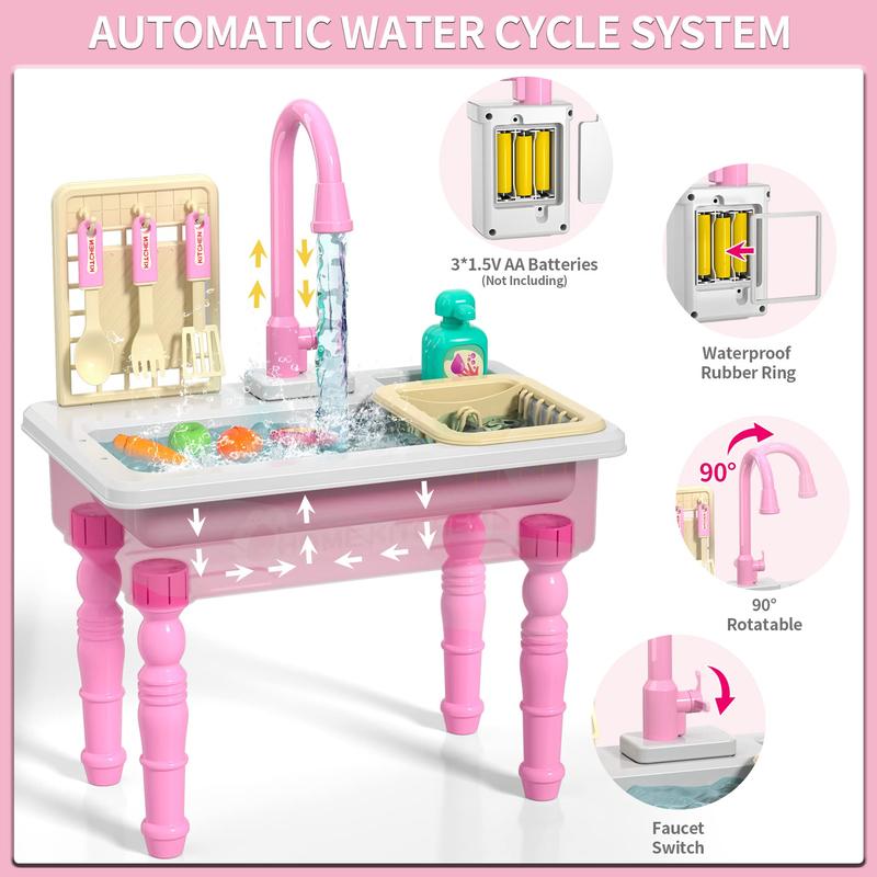 Electric Kitchen Sink Water Circulation Toy with Flowing Water Play Food Tableware Accessories Kitchen Set Toy Christmas Gift Role Play