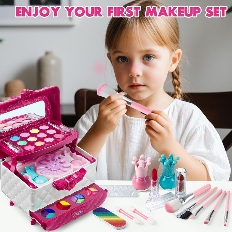 Kids Makeup Kit for Girl, Princess Toys Real Washable Cosmetic Set with Mirror, Kids Makeup Sets for Girls, Play Make Up Birthday Gifts