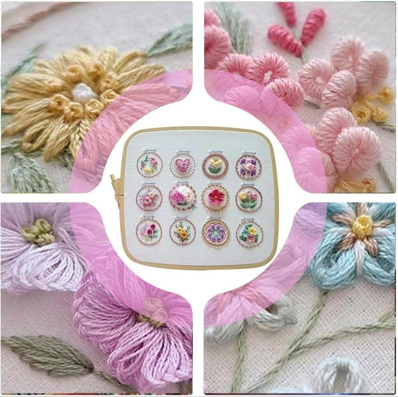 Small Flower Frame Embroidery Kit, 1 Set 12 Different Stitches DIY Hand Floral Embroidery Starter Kit, 3D Flower Embroidery Kit, Embroidery Material Packaging