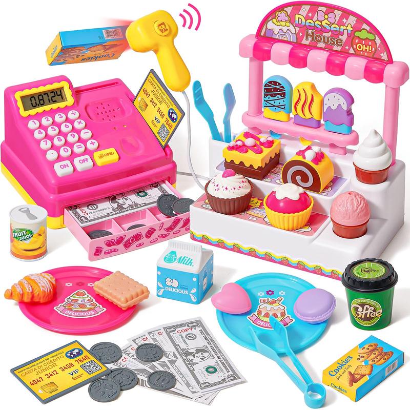 Cash Register Ice Cream Shop Pretend Play Sets For Girls&Boys, with Scanner Calculator Learning Educational montessori Toy, Birthday Thanksgiving Christmas Gift