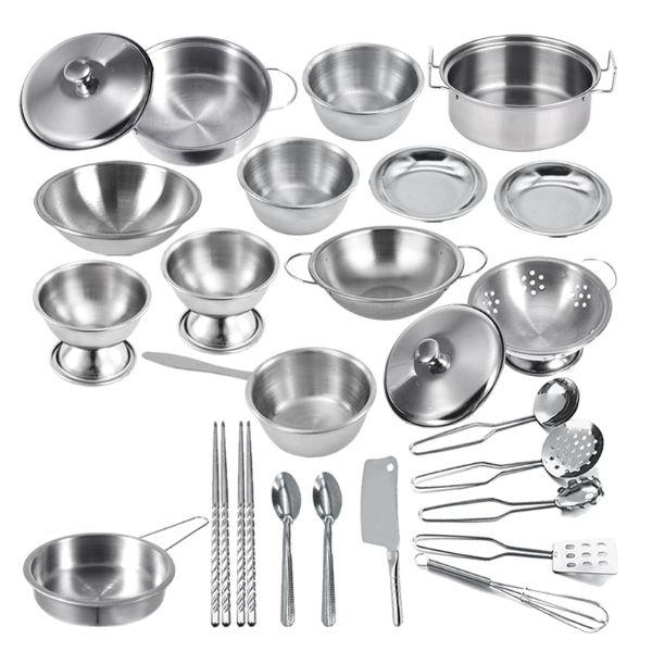 Classic Stainless Steel Kitchen Toys Cooking Utensils Set-Pretend Play Pots Pans Toy Cookware Kits for Kids Christmas, New year Gift